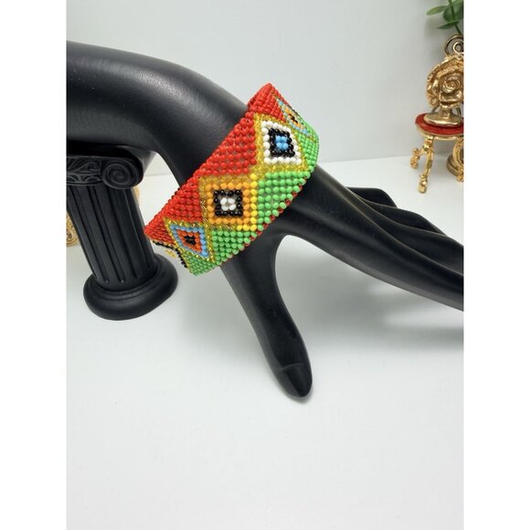 Handmade Beaded Cuff Bracelet Sz7 Colorful Western Style Boho Statement - Picture 2 of 6